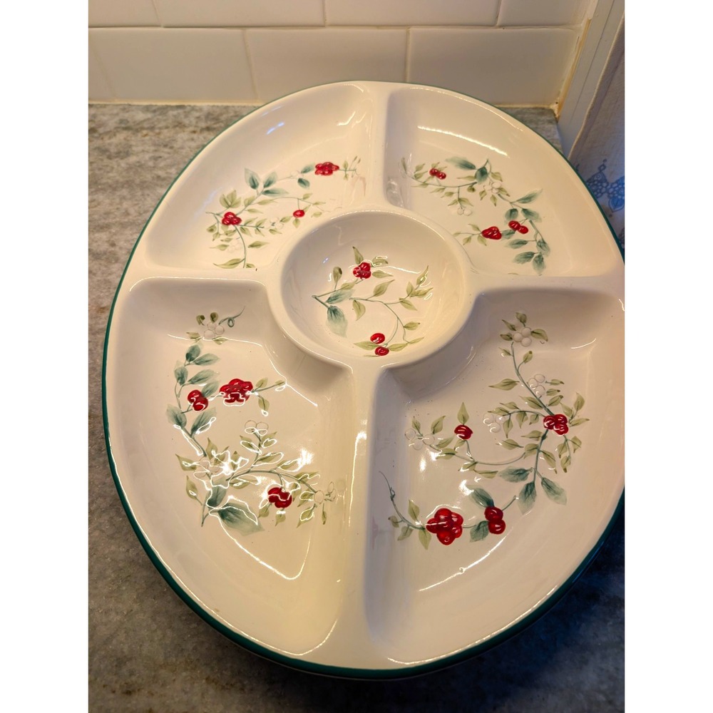 Pfaltzgraff Winterberry 18" 5-Part Divided Serving Platter Tray Christmas